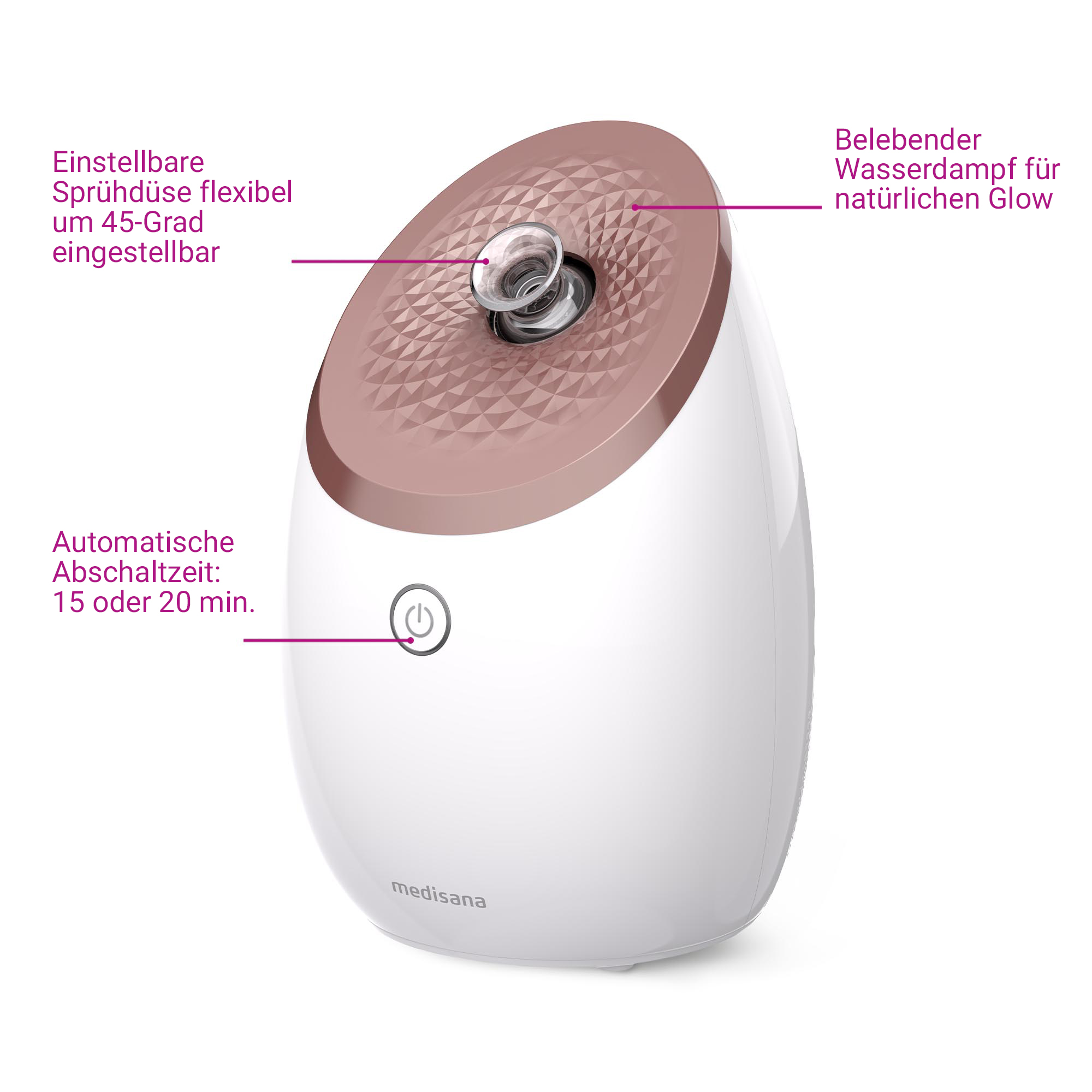 Un appareil à vapeur facial blanc avec un dessus doré rose et une buse réglable.