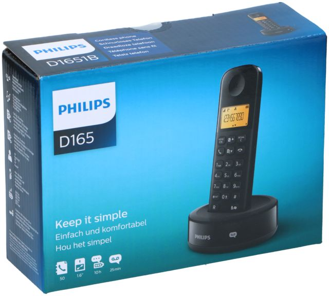 Scatola di un telefono cordless Philips D1651B con base e portatile.