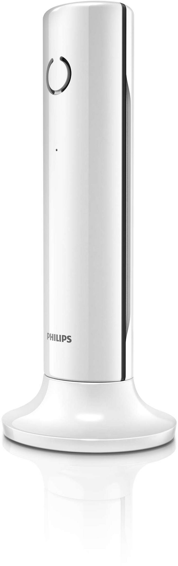 Weißes schnurloses Philips-Telefon in schlankem, modernem Design auf weißem Sockel.