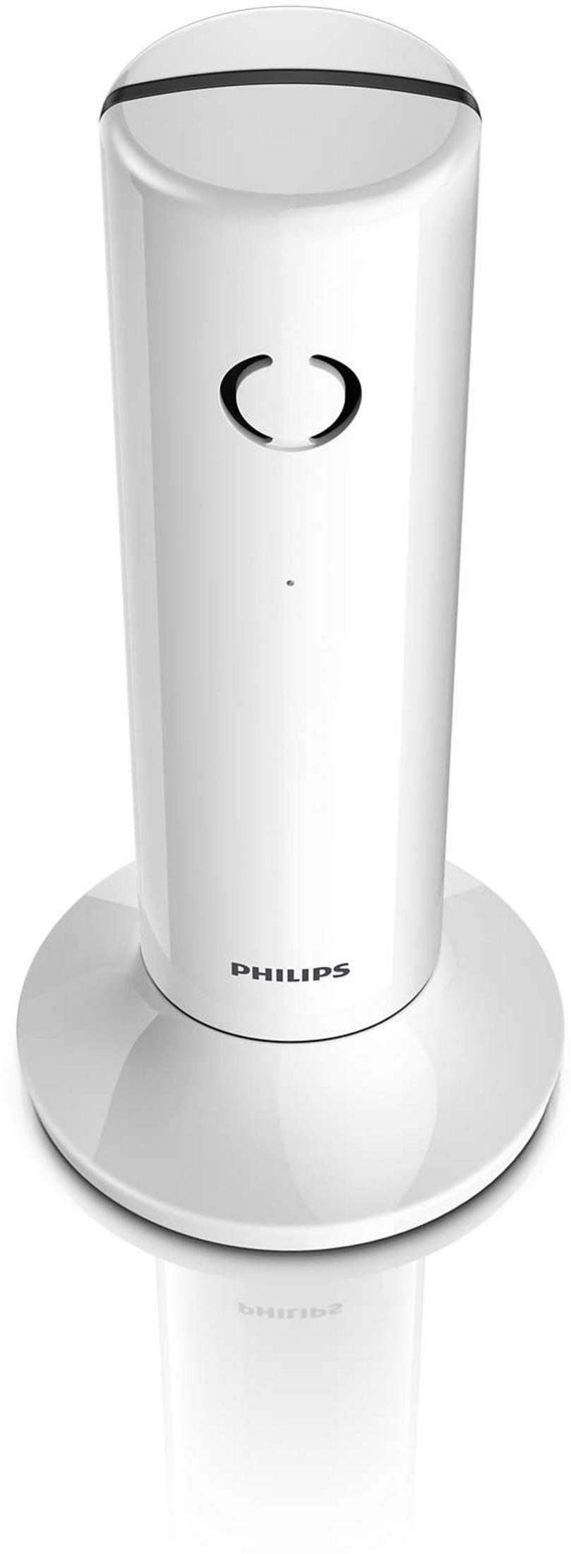 Ein weißes Philips-Telefon mit einem runden Sockel und einem schwarzen Ring oben.