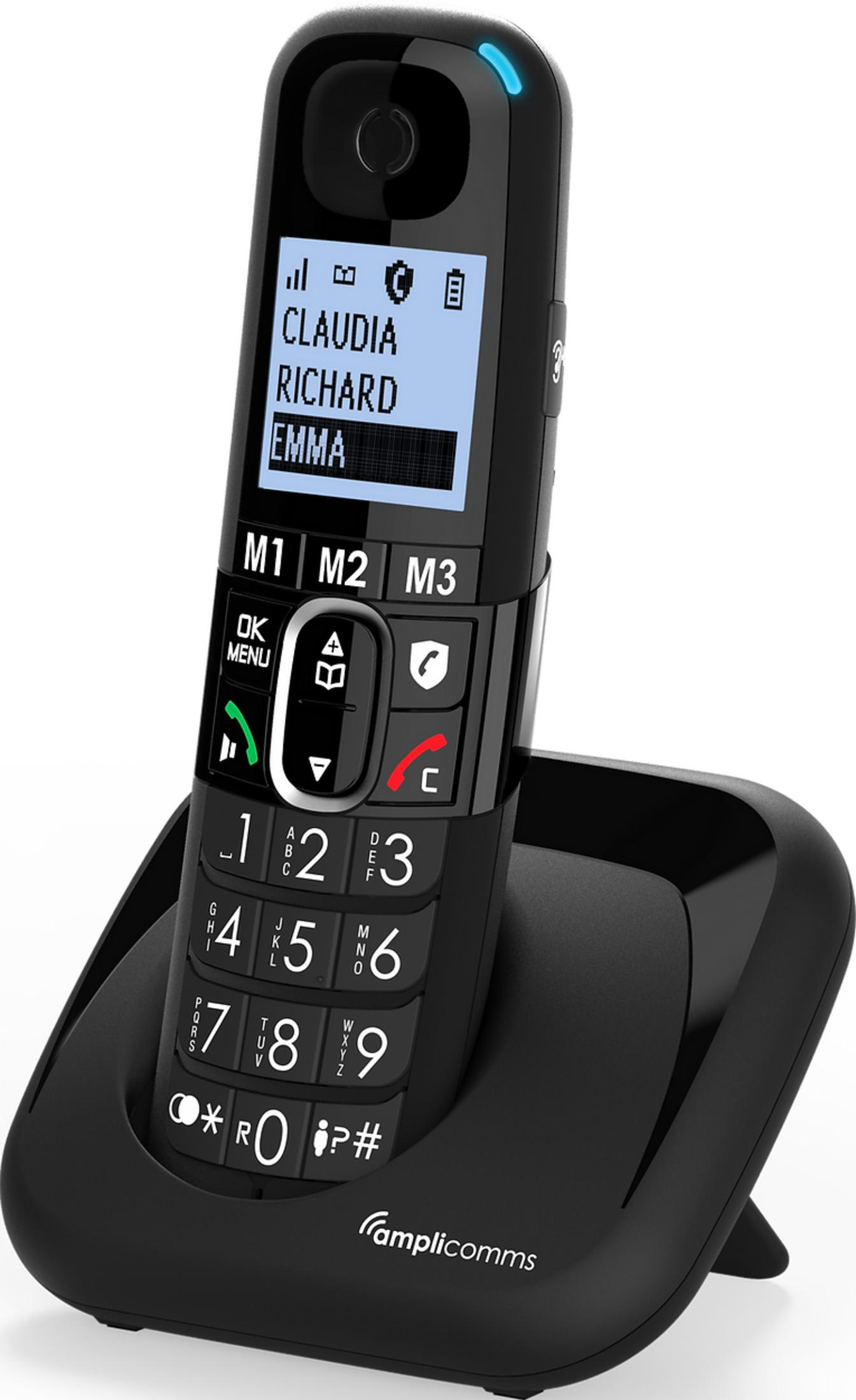 Un telefono cordless nero con tastiera e display grandi, appoggiato sulla base di ricarica.