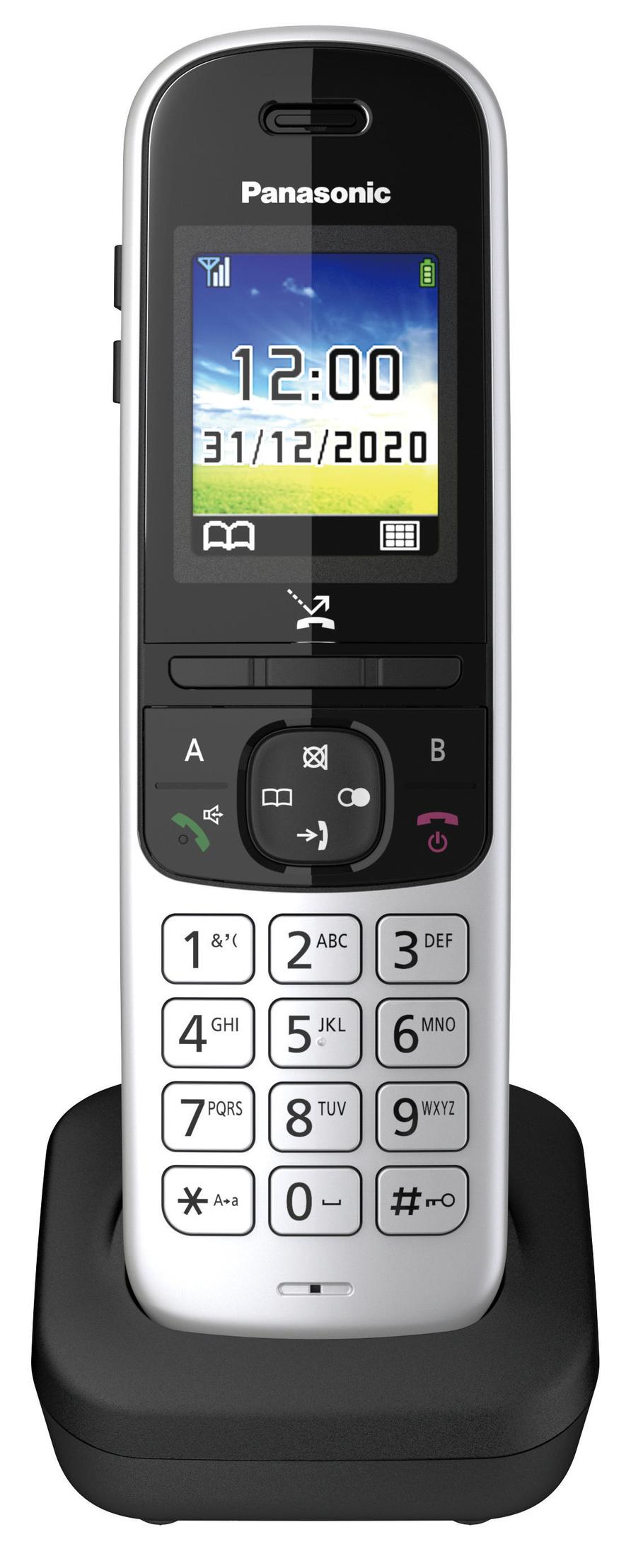 Un telefono cordless Panasonic argentato con tastiera nera e schermo LCD, sulla sua base.