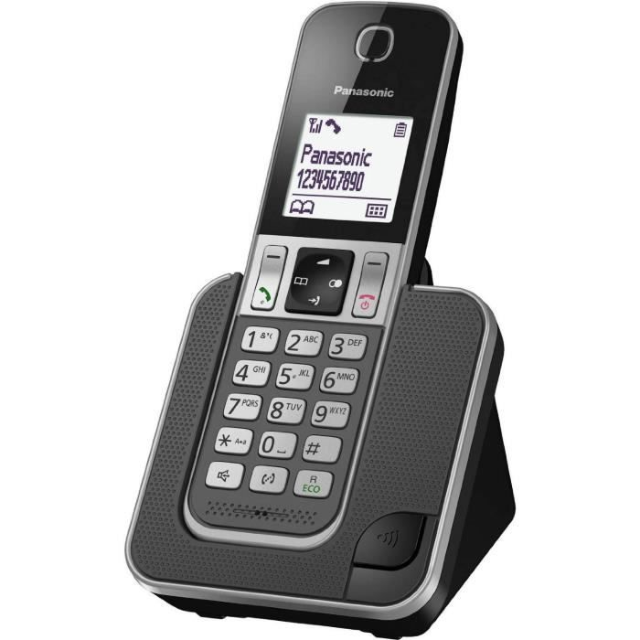 Ein schwarzes Schnurlostelefon von Panasonic steht auf seiner Ladestation.