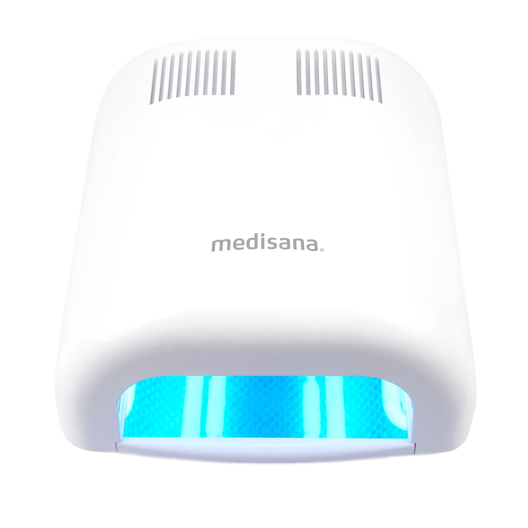 Un dispositivo bianco medisana con illuminazione a LED blu per unghie.