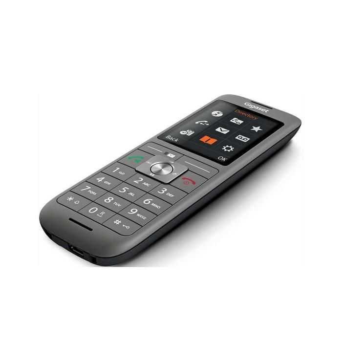 Un telefono cordless Gigaset grigio con tastiera e schermo.