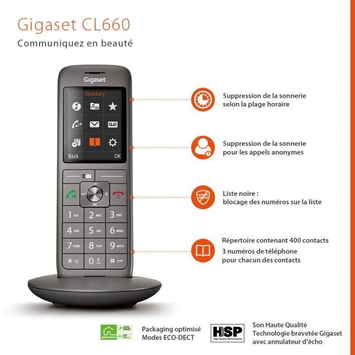 Telefono Gigaset CL660 con funzioni come blocco chiamate, controllo orario, 400 contatti.