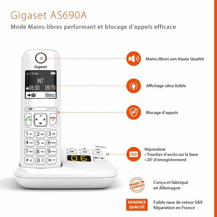 Telefono cordless Gigaset AS690A con vivavoce e blocco chiamate efficace.
