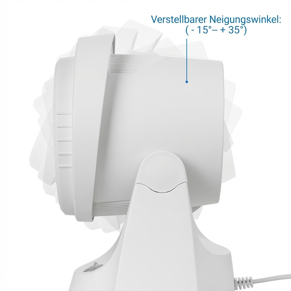 Un ventilateur blanc avec angle d'inclinaison réglable est montré.