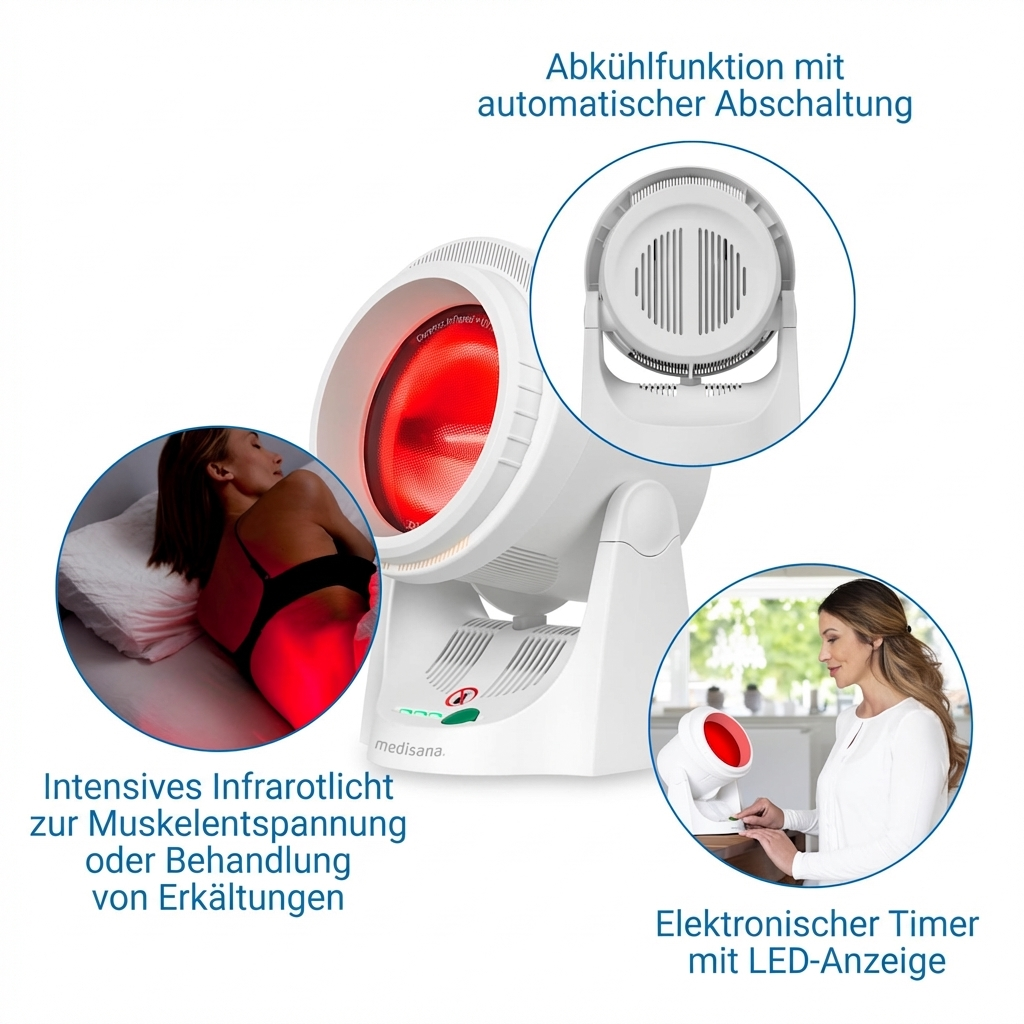 Lampe infrarouge Medisana avec minuterie, fonction de refroidissement, femme allongée avec lampe, femme assise avec lampe.
