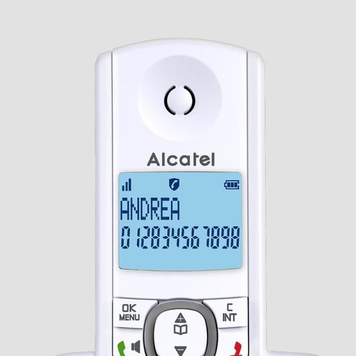 Telefono cordless Alcatel mostra nome ANDREA e numero 012834567898.
