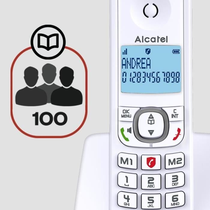 Un telefono cordless bianco con logo Alcatel, display con nome e numero.