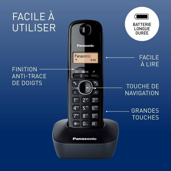 Telefono cordless nero con base di ricarica, tasti e display.