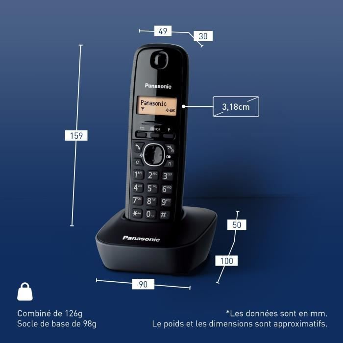 Un telefono cordless Panasonic nero con la sua base e dimensioni.