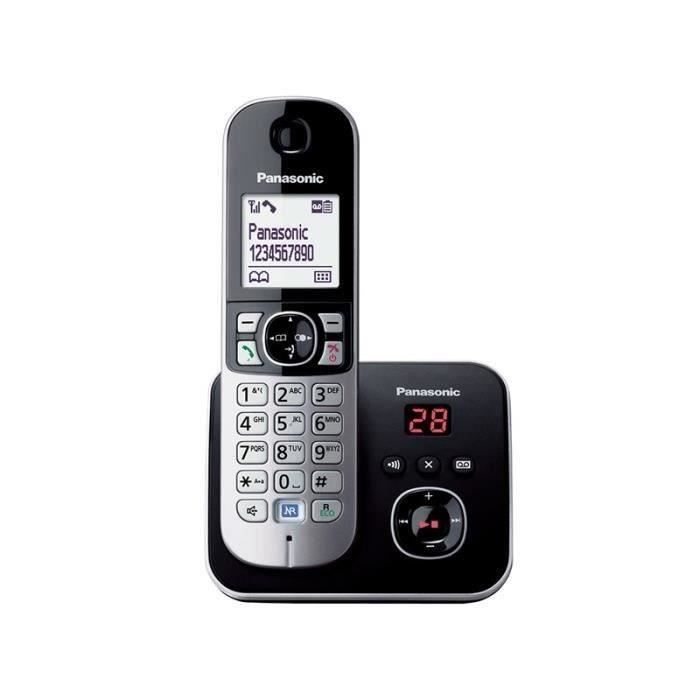 Telefono cordless Panasonic nero con display ID chiamante e tastiera su base di ricarica.