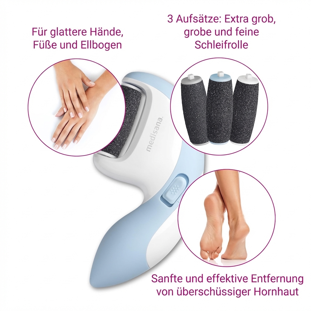 Lisseur de callosités Medisana avec embouts pour mains, pieds, coudes.