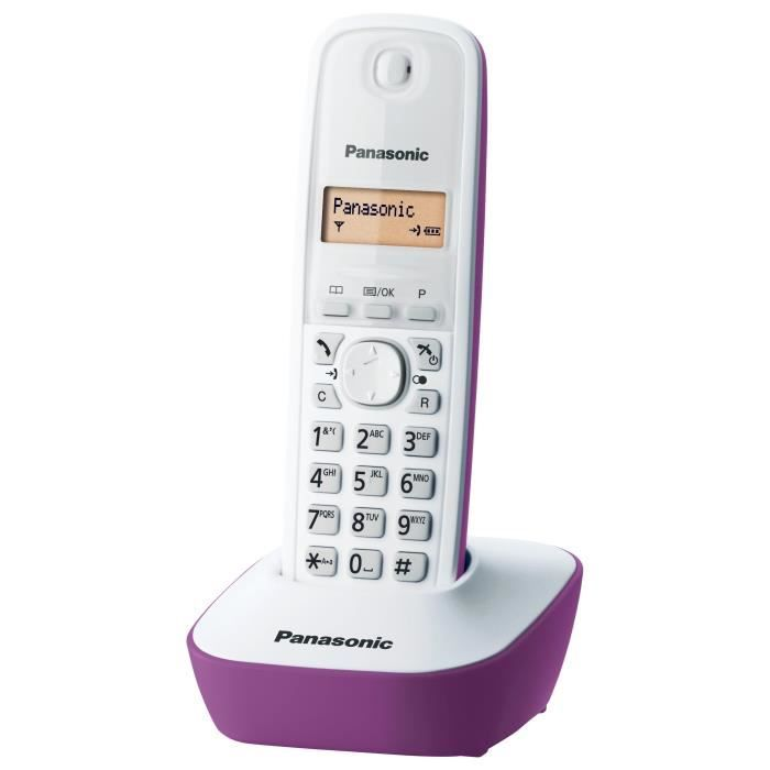 Un telefono cordless Panasonic bianco con base di ricarica viola.