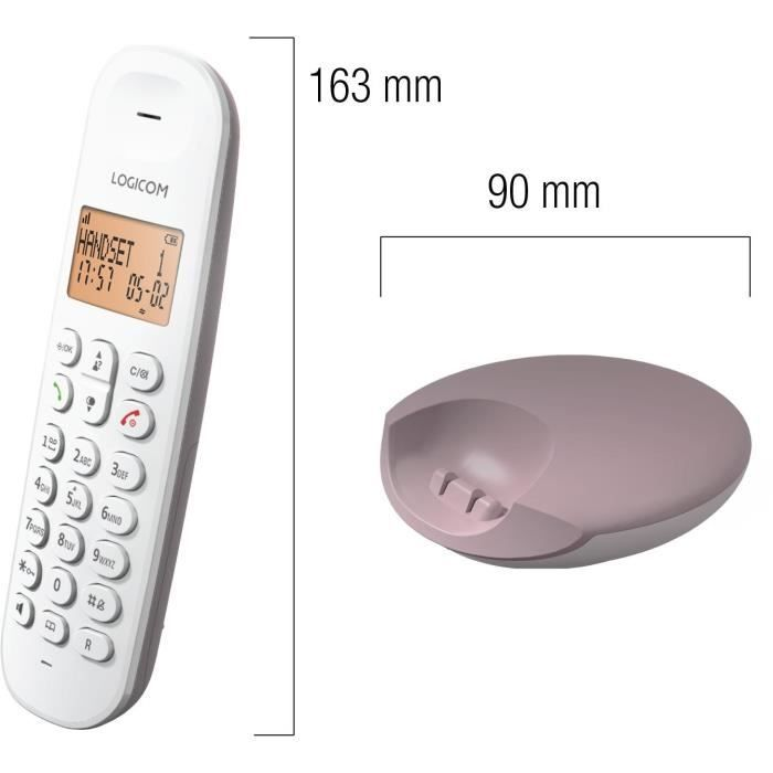 Un telefono cordless bianco e una base di ricarica rosa. Vengono mostrate le dimensioni.