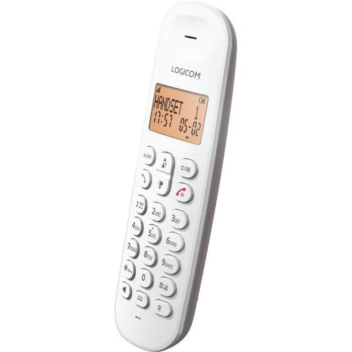 Un telefono cordless bianco LOGICOM con display illuminato che mostra ora e data.