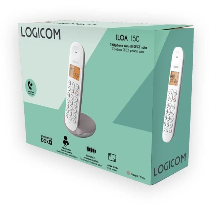 Confezione di un telefono LOGICOM DECT bianco con base. Informazioni e immagini del telefono.