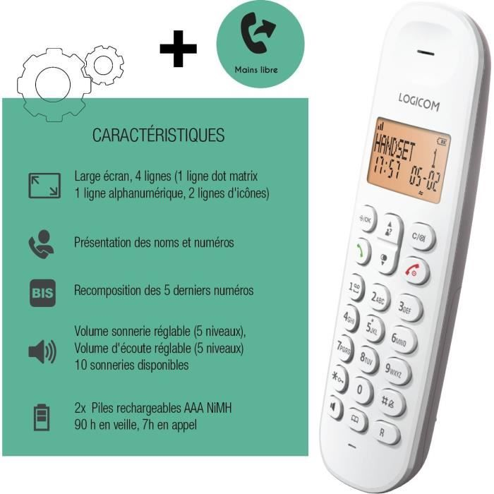 Un telefono cordless bianco con display e tastiera, con caratteristiche a sinistra.
