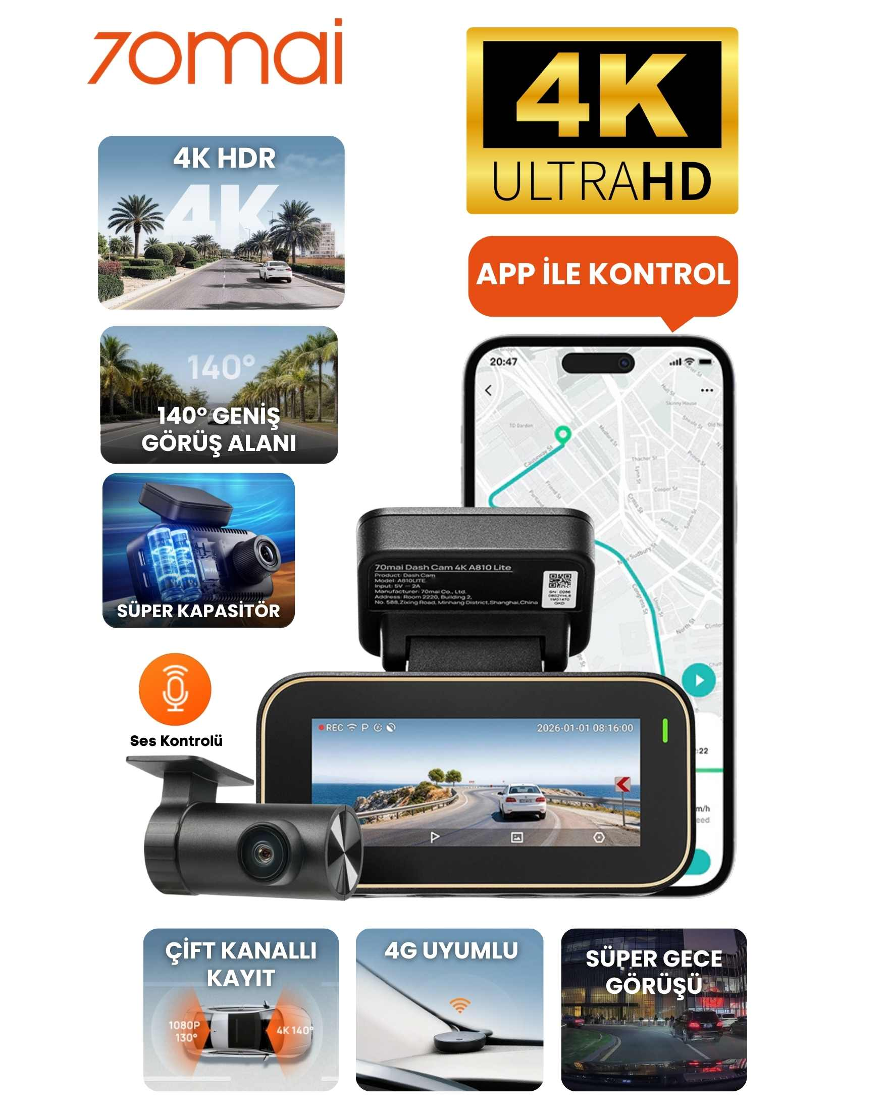 Özellikleri gösteren 70mai Dash Cam 4K A810 Lite ürün resmi.