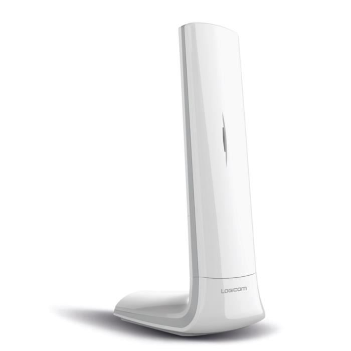Un telefono cordless bianco con logo LogiCom poggia su una base.