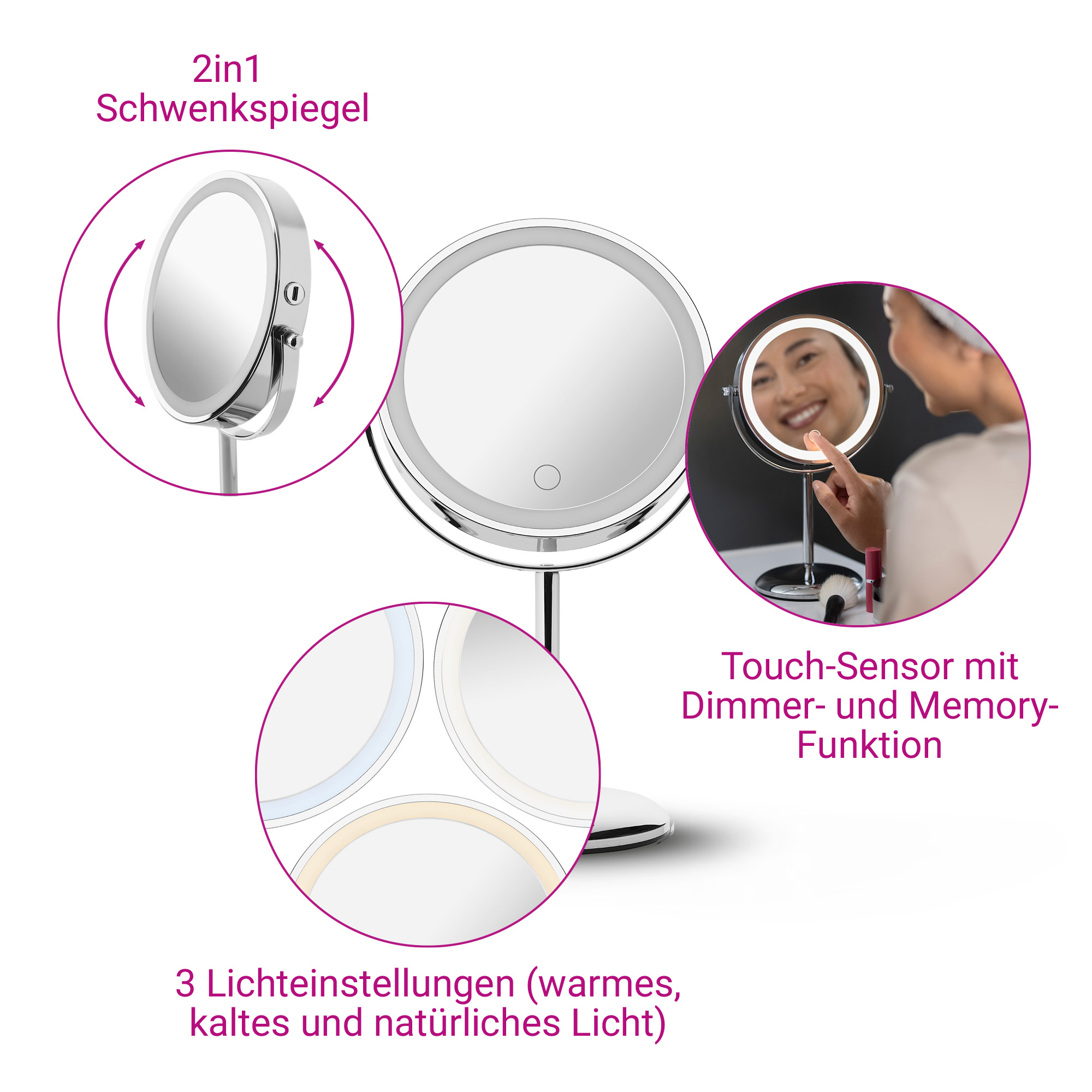 Ein schwenkbarer Kosmetikspiegel mit LED-Licht und Touch-Sensor.