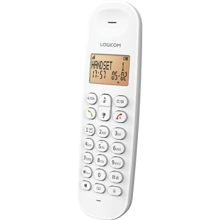 Un telefono cordless bianco con tastiera e display che mostra 