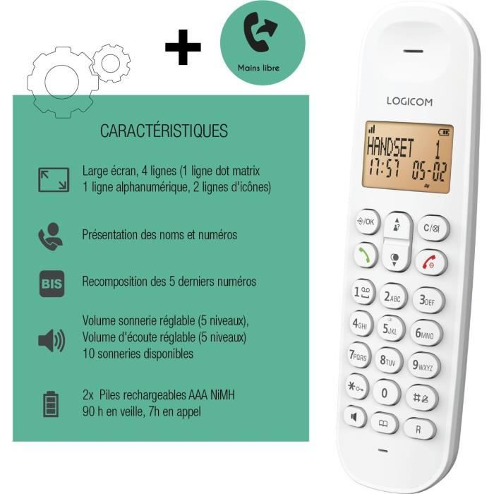 Un telefono cordless bianco con elenco delle caratteristiche in francese.