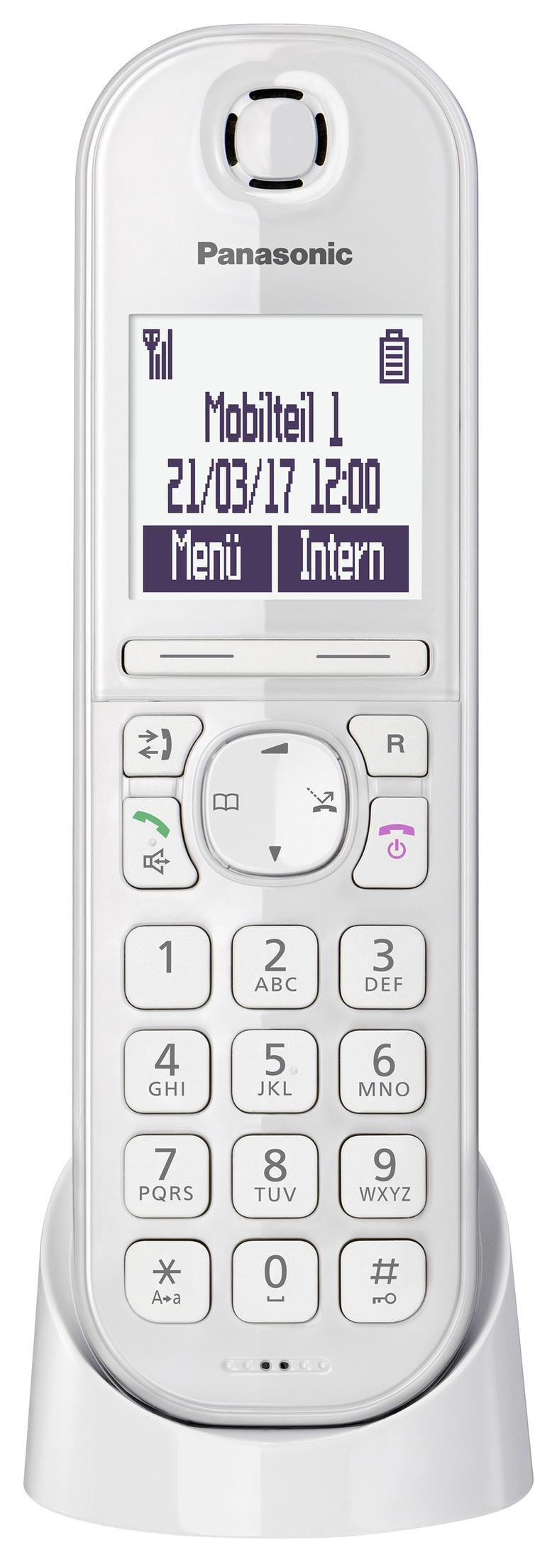 Un telefono cordless Panasonic bianco con display e tastiera si trova su una base di ricarica.