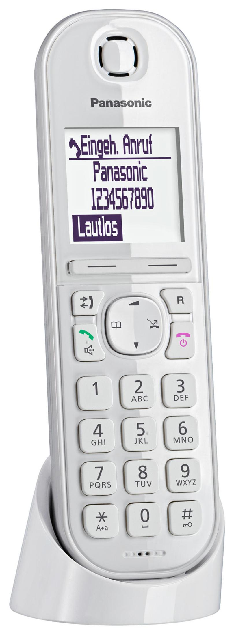 Telefono cordless Panasonic bianco con schermo, pulsanti e base di ricarica.