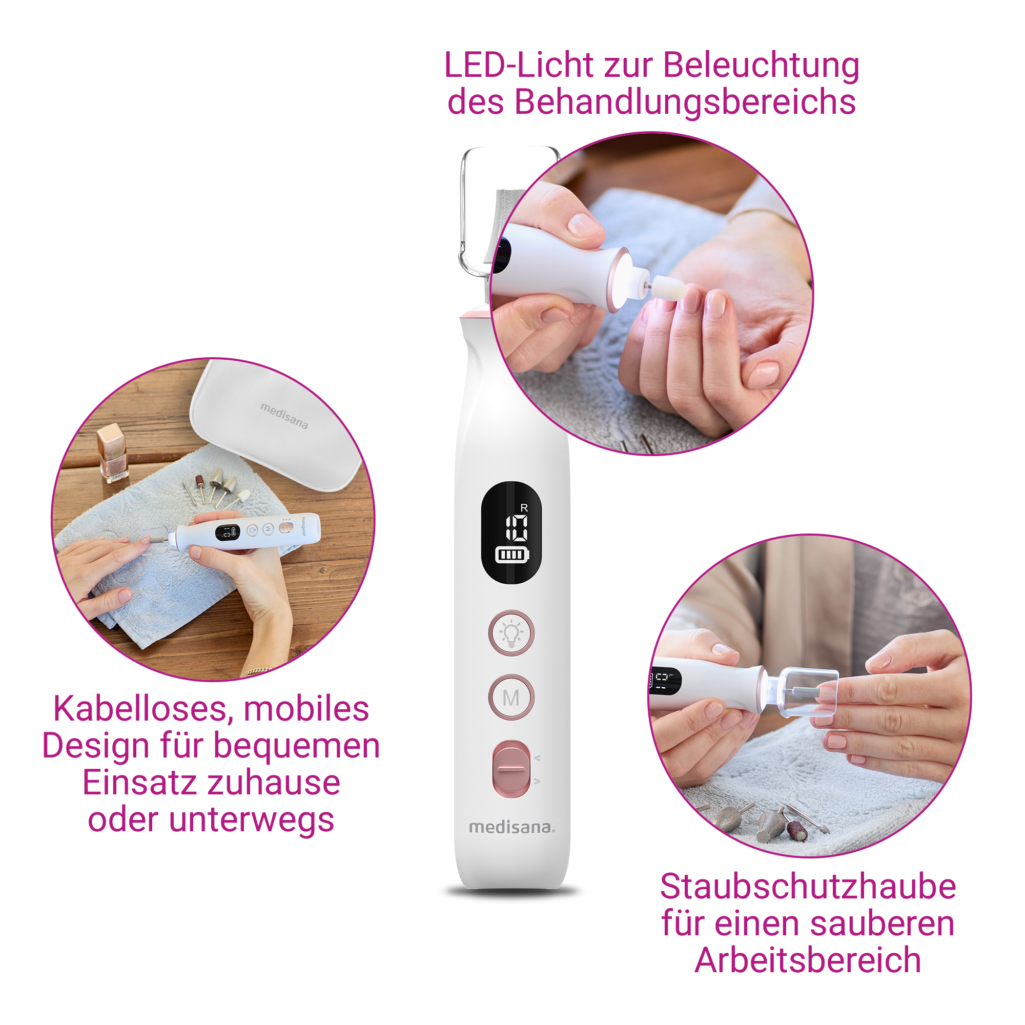 Un set per manicure Medisana con luce LED, accessori e copertura antipolvere.