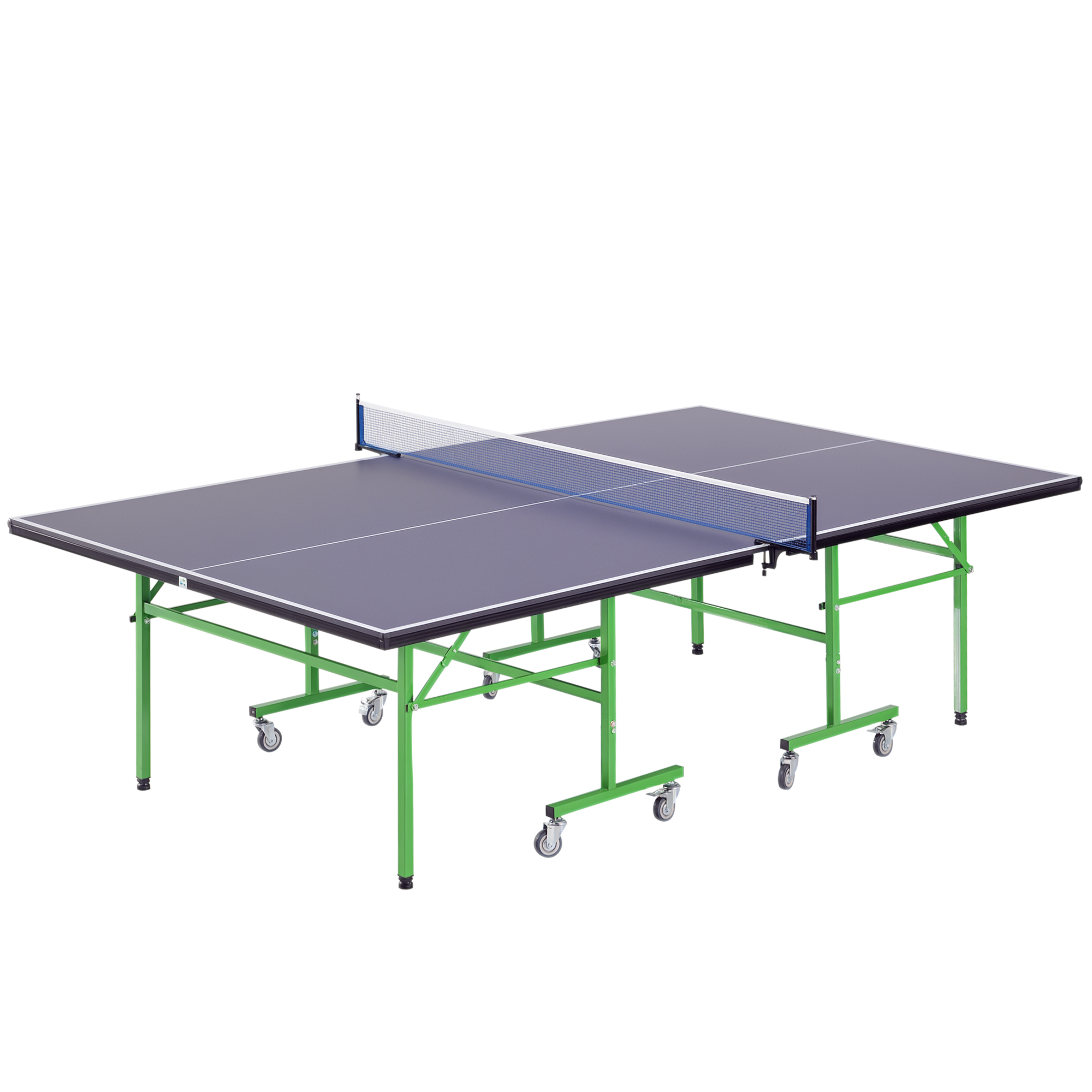 Un tavolo da ping pong blu con gambe verdi e ruote.