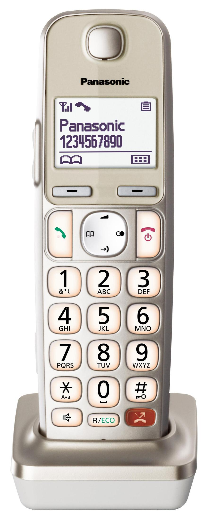 Un telefono cordless Panasonic beige con tastiera e schermo, appoggiato sulla base di ricarica.