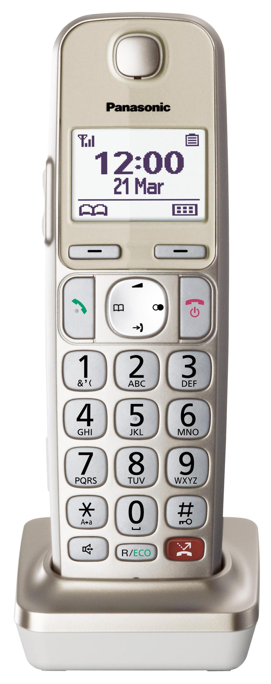 Una cornetta telefonica cordless Panasonic beige con tastiera e display illuminato.