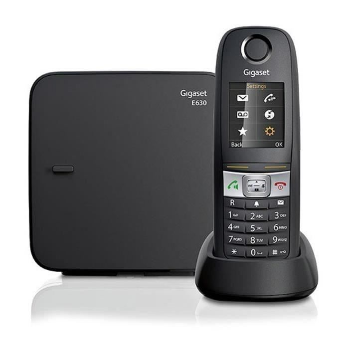 Un telefono cordless nero Gigaset E630 con la sua base.