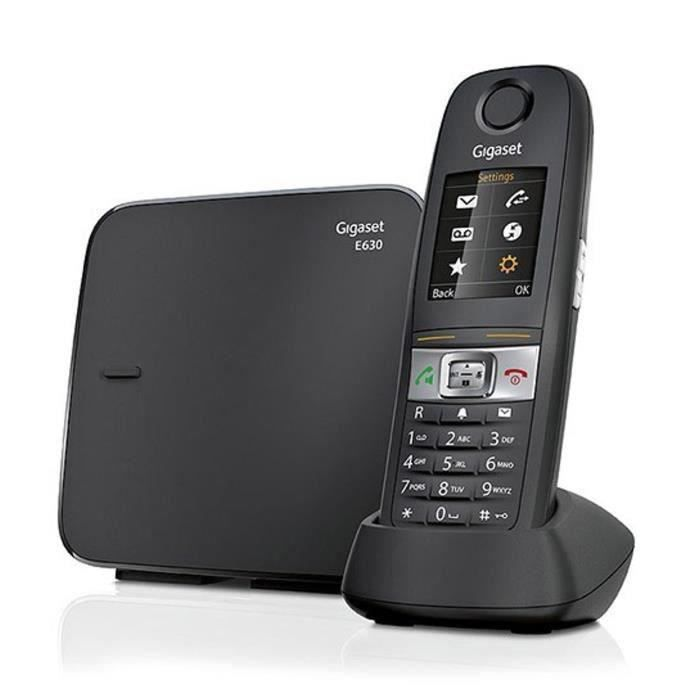 Un telefono cordless Gigaset E630 nero con la sua base.