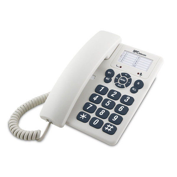 Un telefono fisso bianco con cavo, tastiera e cornetta su sfondo bianco.