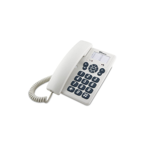 Un telefono fisso bianco con tastiera e cornetta su sfondo bianco.