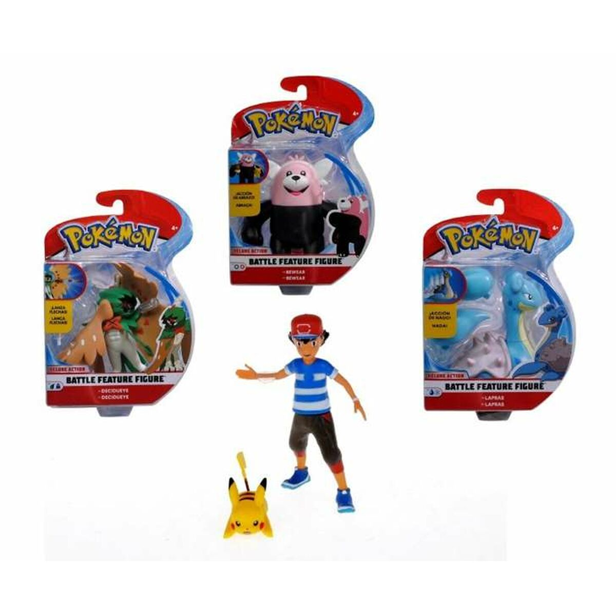Tres figuras de acción de Pokémon en empaque: Decidueye, Bewear y Lapras.