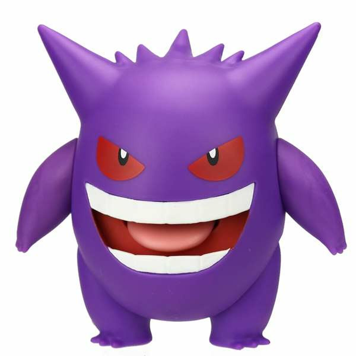 Una figura púrpura de Gengar con ojos rojos y una gran sonrisa.