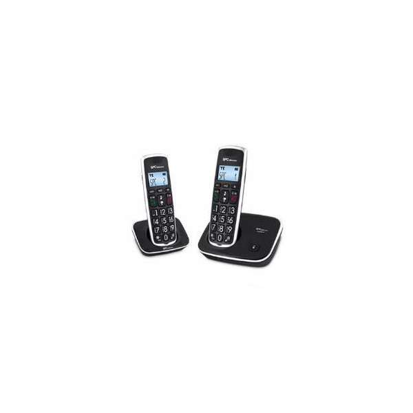 Due telefoni cordless, uno in una base di ricarica. Telefoni neri con pulsanti e schermi grandi.