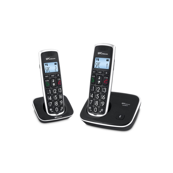 Due telefoni cordless bianchi con tasti grandi su basi di ricarica nere.