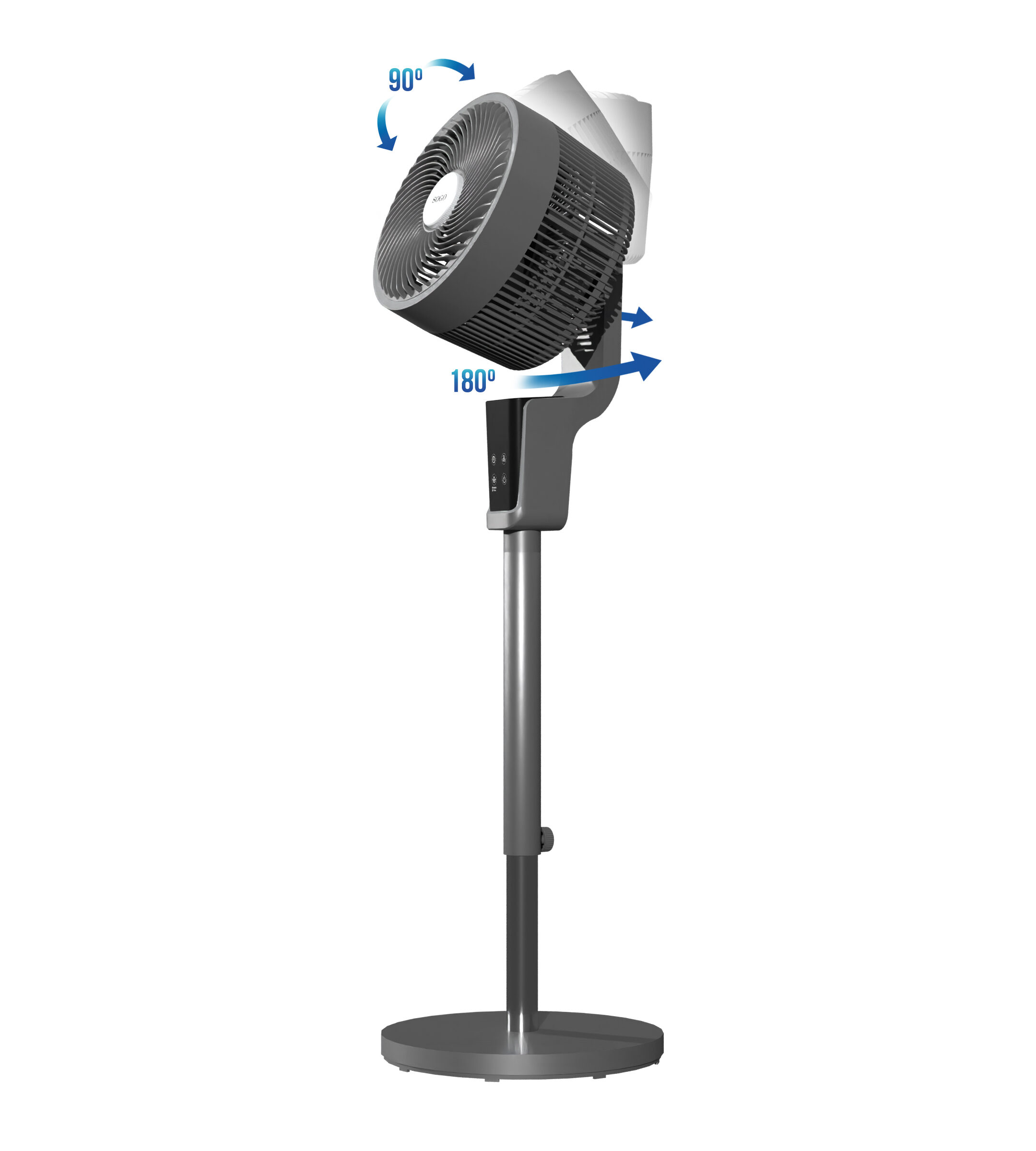 Un ventilador de pie gris con flechas azules indicando oscilación de 90° y 180°.