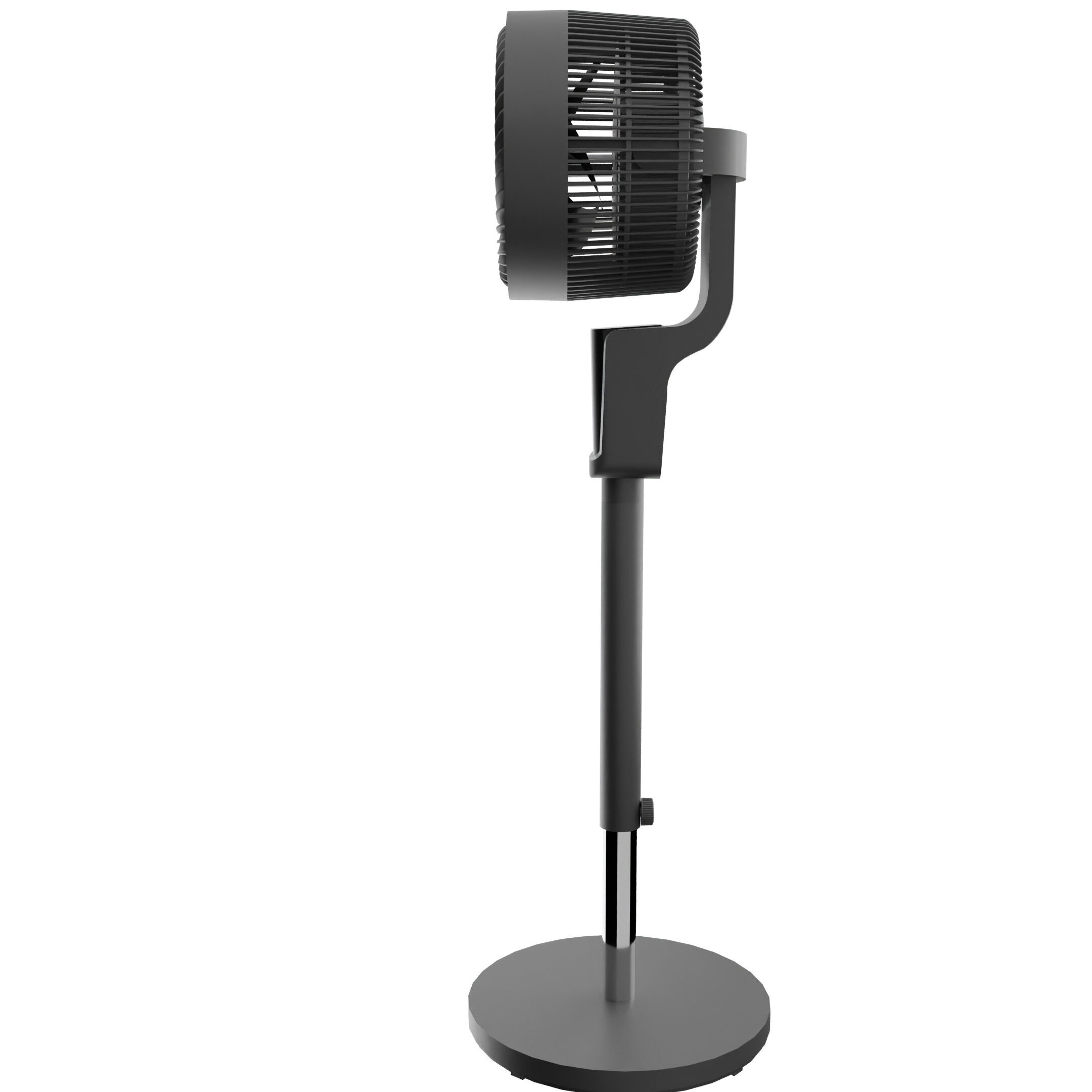 Un ventilador de pie negro con base redonda y vástago ajustable.