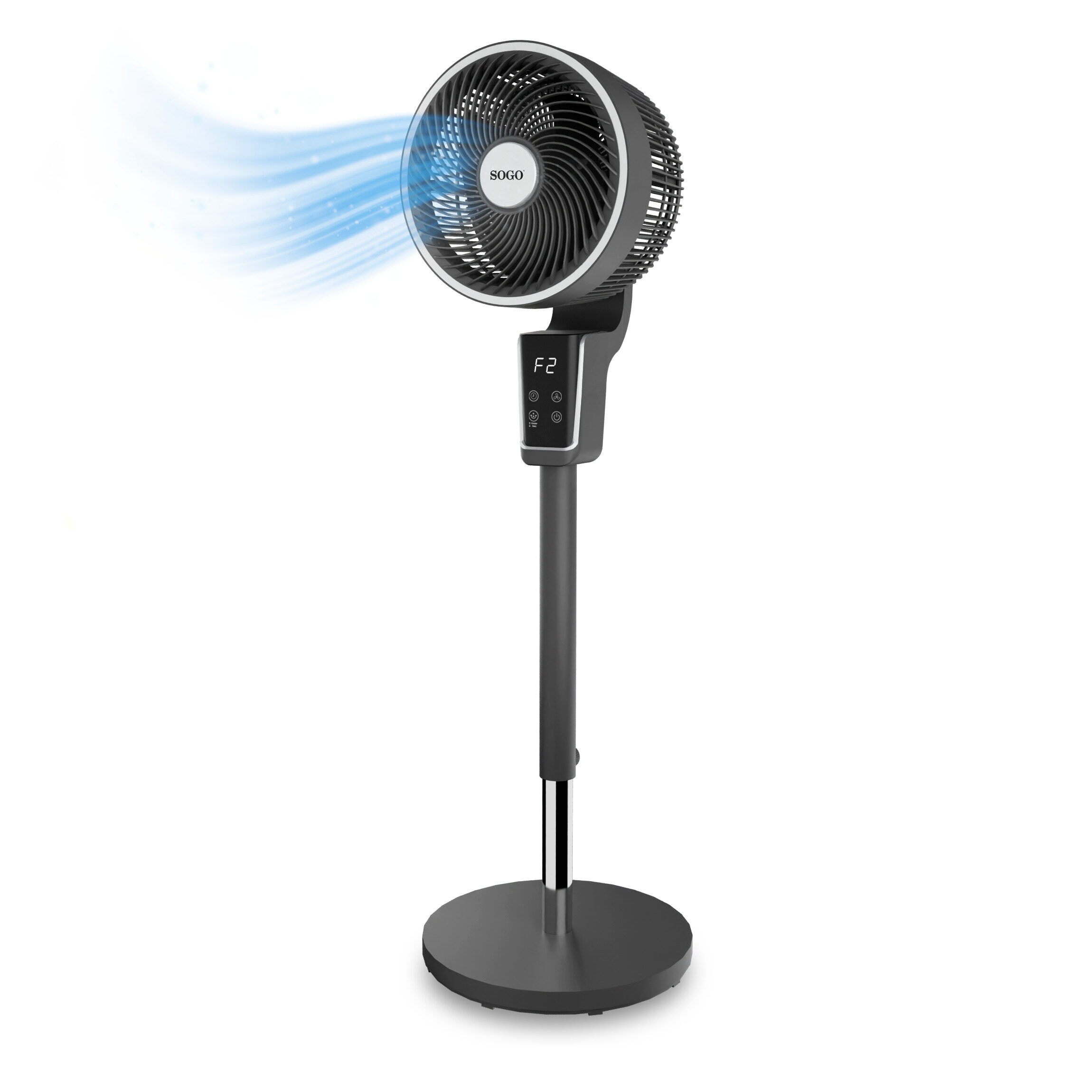 Un ventilador de pie oscuro Sogo con flujos de aire azules moviéndose hacia la izquierda.