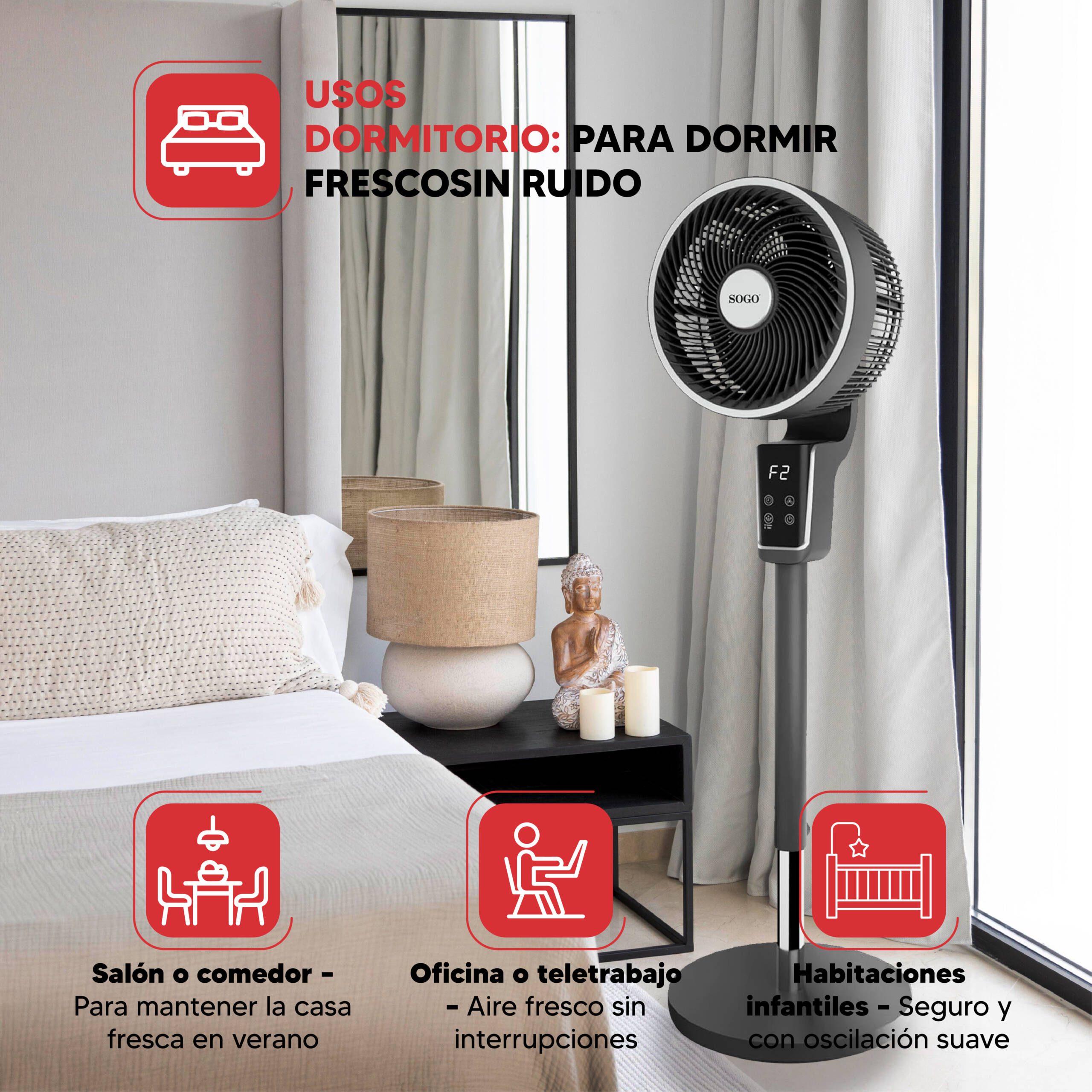 Un ventilador de pie Sogo en un dormitorio con cama, mesita y estatua de Buda.
