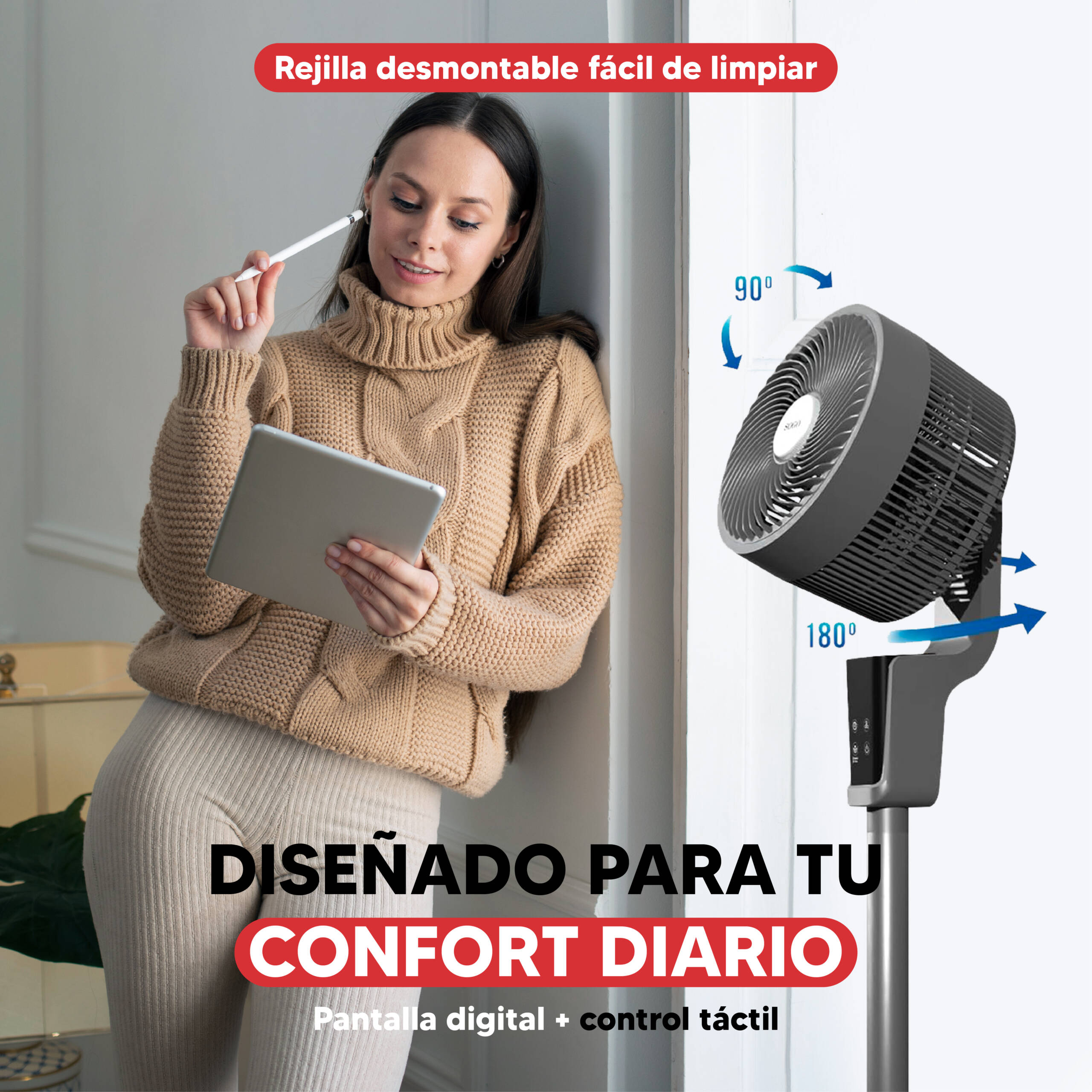 Una mujer con tablet y lápiz cerca de un ventilador que gira 90 y 180 grados.