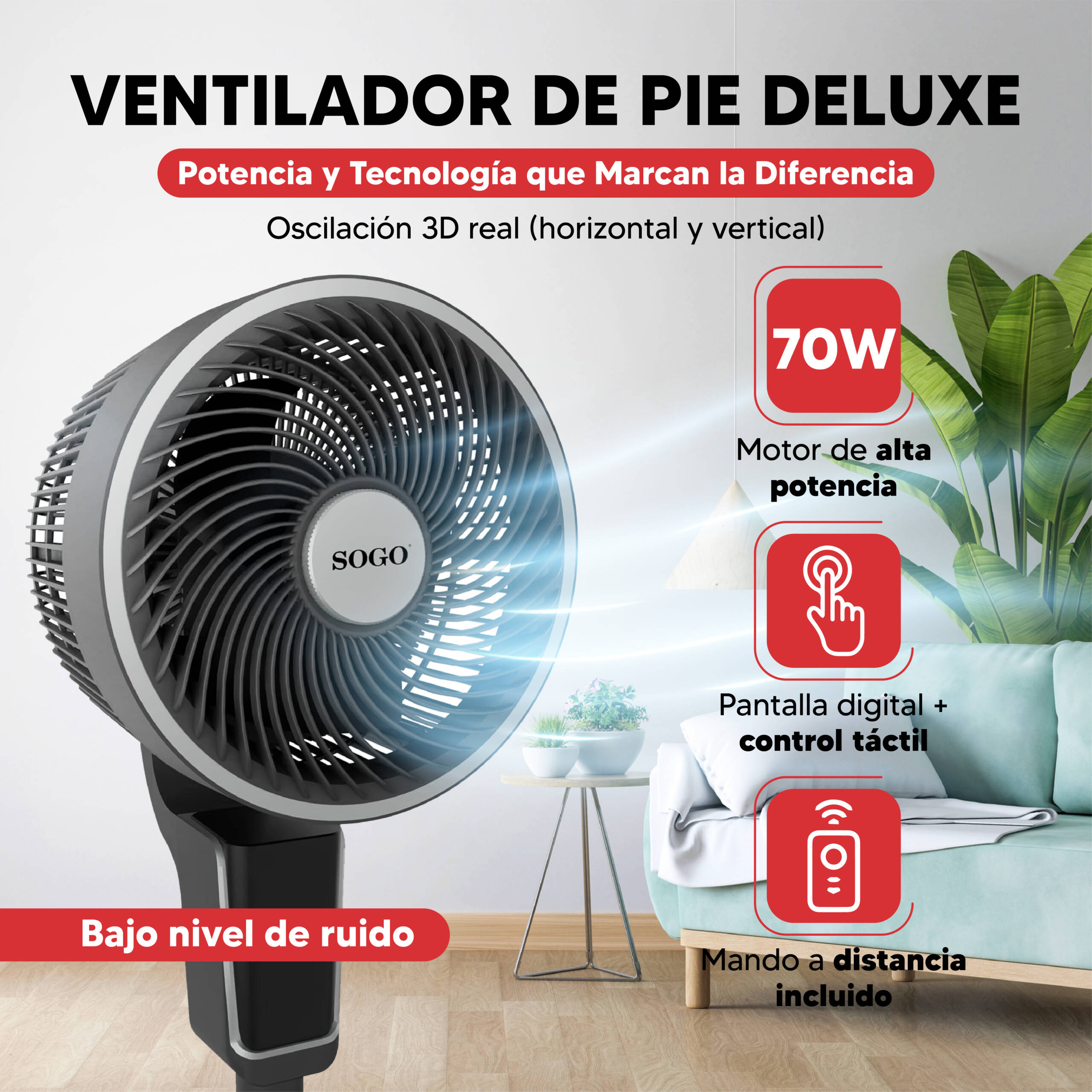 Un ventilador de pie SOGO gris de 70W con oscilación y mando a distancia.