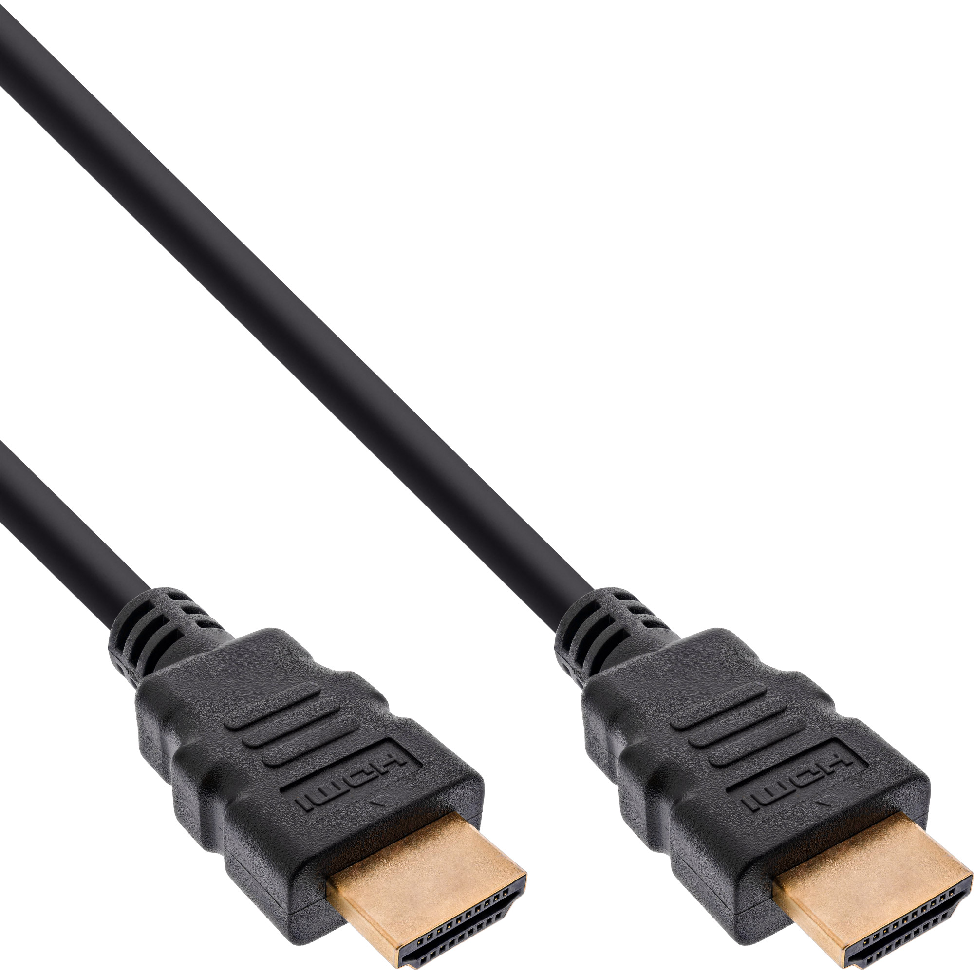 Ein schwarzes HDMI-Kabel mit goldenen Anschlüssen auf weißem Hintergrund.